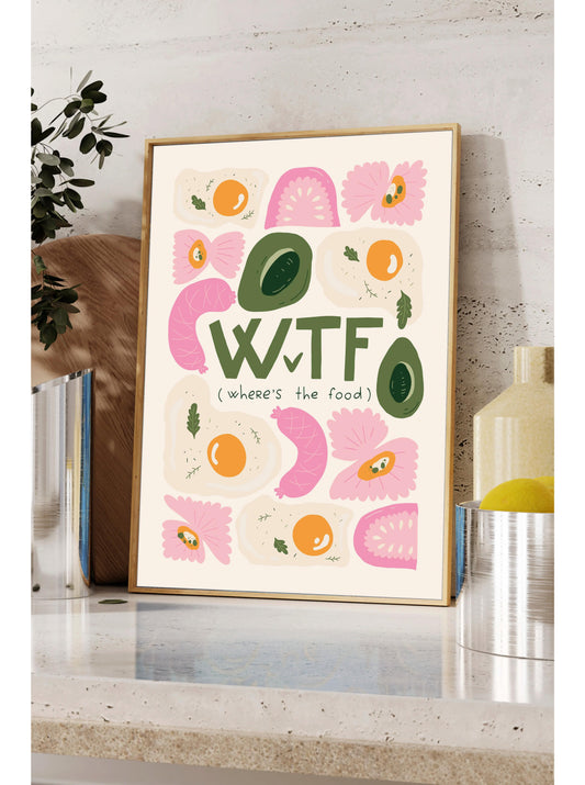 A framed poster with a colorful design featuring various food items, such as eggs, fruits, and vegetables, along with the text "WTF (where's the food?)".